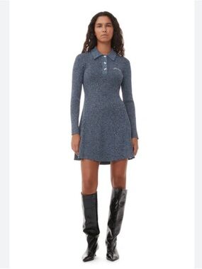 GANNI Marled Ribbed-knit Mini Shirt Dress In Slate Blue NWT XS